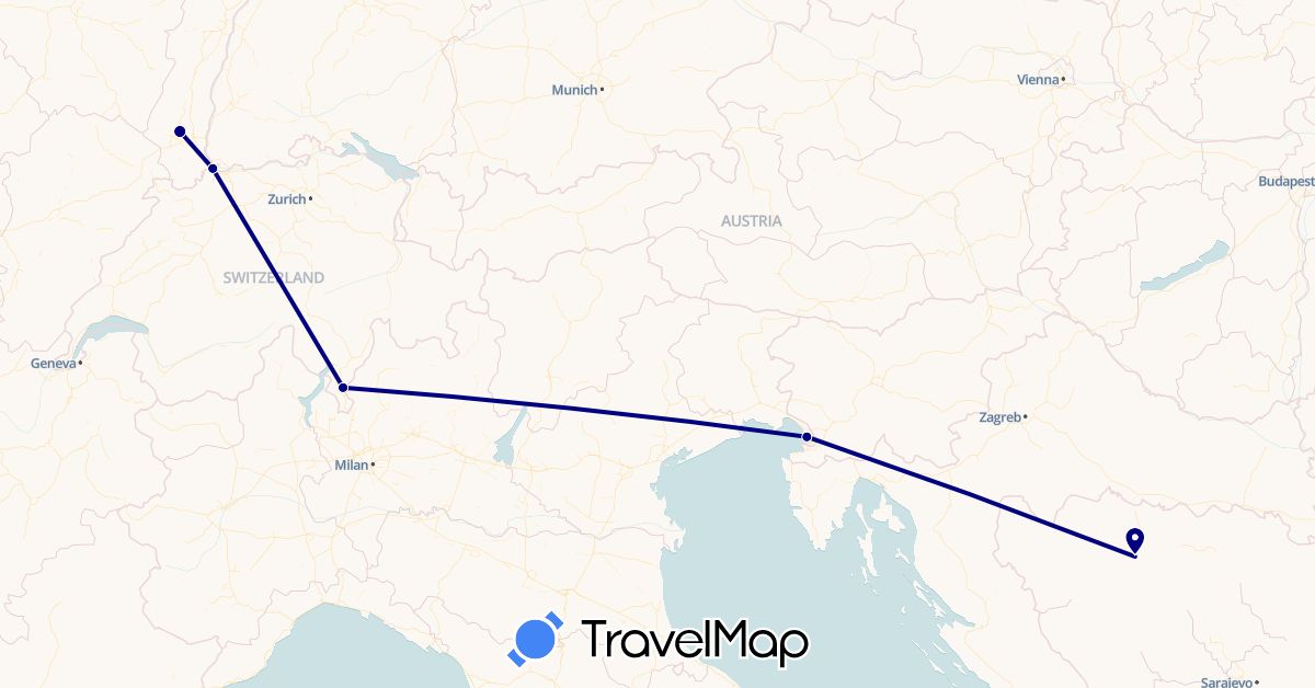 TravelMap itinerary: driving in Bosnia and Herzegovina, Switzerland, France, Italy (Europe)